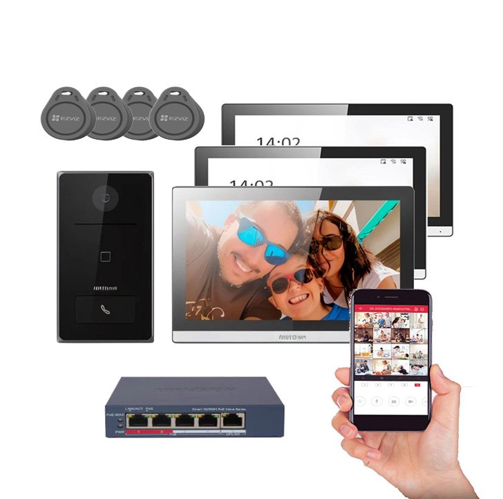 HIKVISION-DS-KIS608-P-KIT3.jpg Kit de Videoportero IP Poe / Apertura de puerta con Tarjeta / 3 Monitores / WiFi / Pantalla Tactil de 7" / Hikvision DS-KIS608-P - Imagen 1